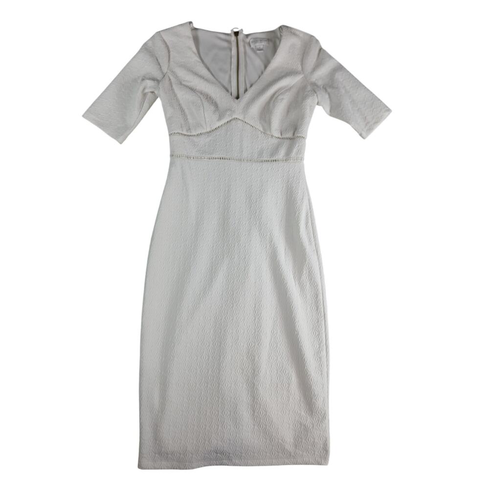 Bisou Bisou Dress Womens 2 White Short Sleeve Formal Church Midi Pencil V-Neck